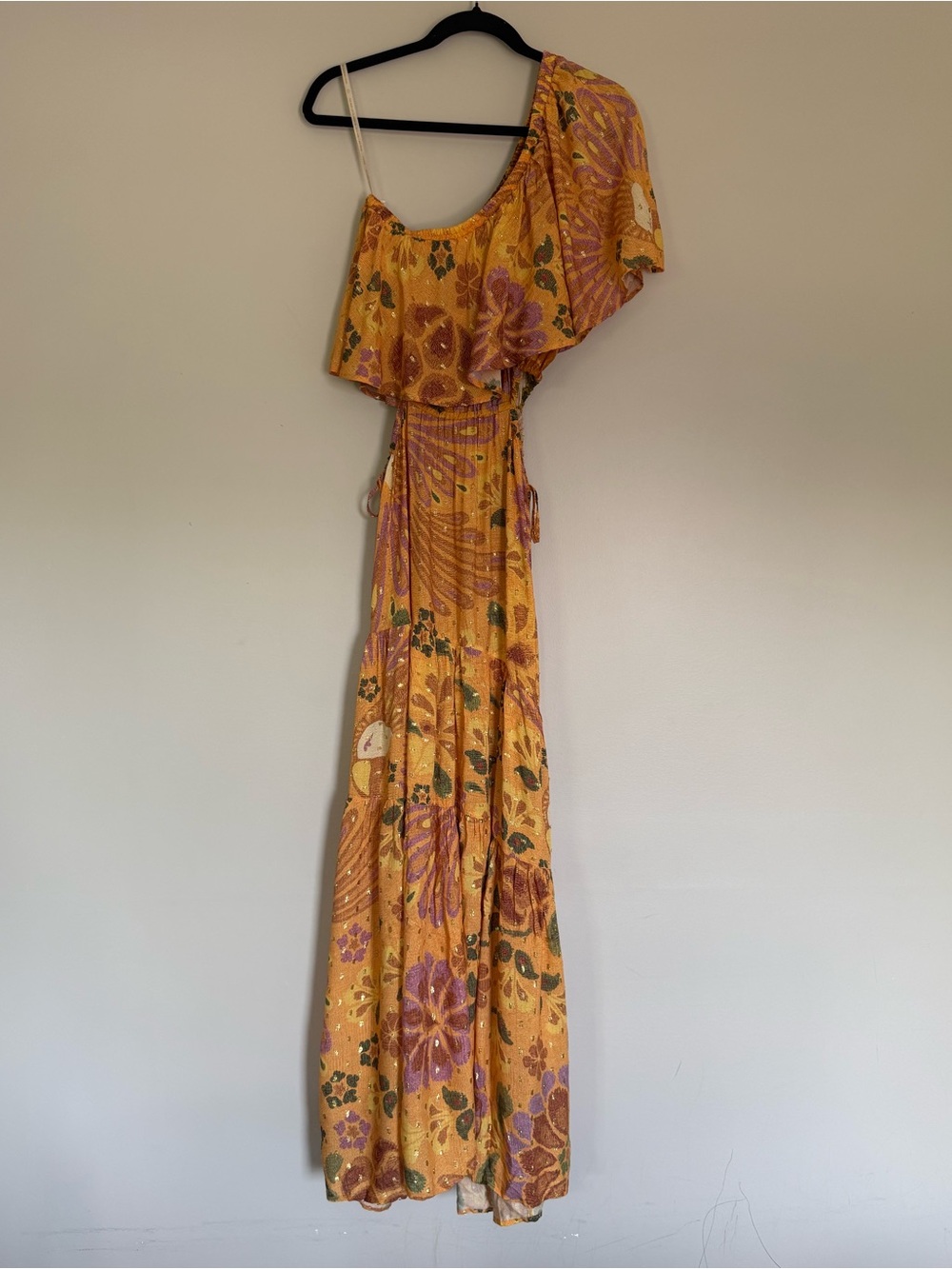Farm Rio Vibrant One-Shoulder Floral Yellow Maxi Dress Side Openings Sz M